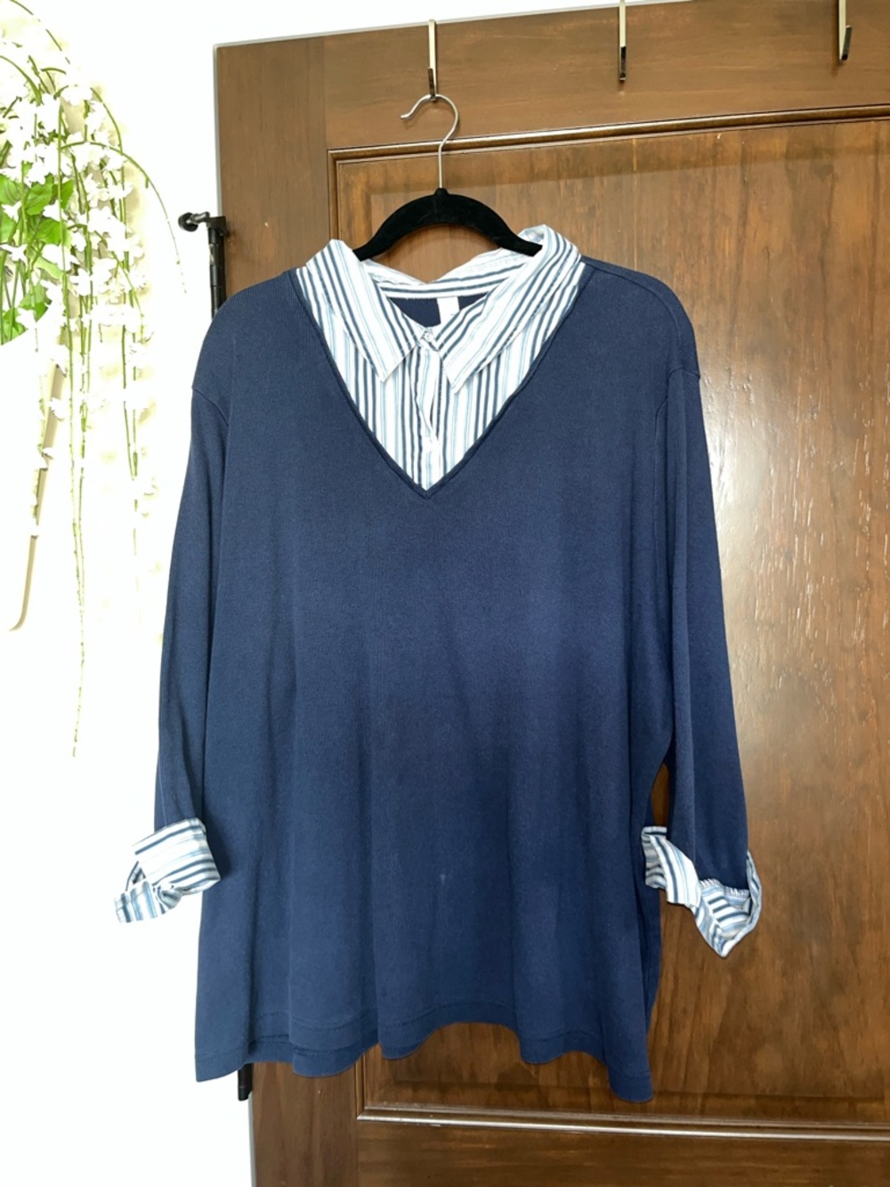 L.A. Blues Navy V-Neck Pullover with Striped Shirt Trim